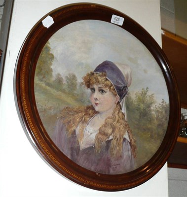 Lot 425 - Painted plaque in circular frame