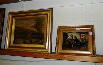 Lot 445 - Oil - rural scene with country house by a lake, oil - tavern interior