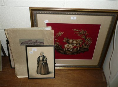 Lot 446 - A woolwork picture depicting a cow and calf; a watercolour portrait of a rotund lady, signed C...