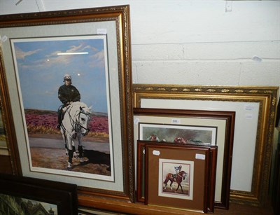 Lot 449 - Six various horse racing prints, a framed set of Collectors cards and an oil mountainous...