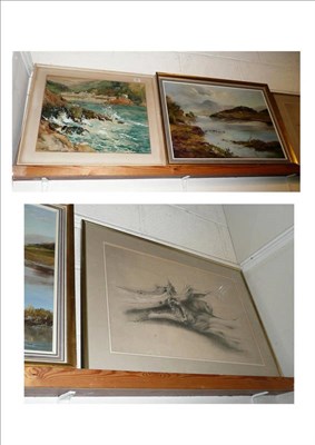 Lot 468 - Pencil drawing of Driftwood signed Hellawell/ 80; a Seaside watercolour, signed, and Loch and...