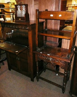 Lot 503 - An oak drinks cabinet, a table, a trolley and a tantalus