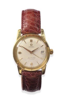Lot 149 - An 18ct Gold Automatic Calendar Centre Seconds Wristwatch, signed Omega, model: Seamaster Calendar