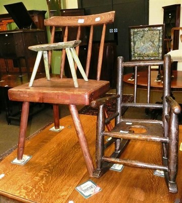 Lot 524 - A country stick back chair, child's chair and milking stool