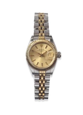 Lot 153 - A Lady's Steel and Gold Automatic Calendar Centre Seconds Wristwatch, signed Rolex, Oyster...