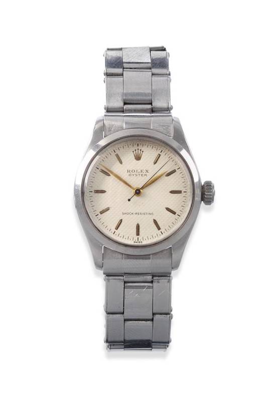 Lot 166 - A Stainless Steel Centre Seconds Wristwatch, signed Rolex, Oyster, Shock-Resisting, ref: 6244,...