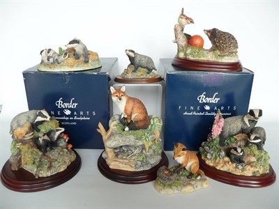 Lot 1014 - Four Border Fine Arts Badger models, two Foxes and 'Hedgehog and Wren' (7)