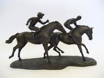 Lot 1024 - Two Thoroughbreds with Jockeys by David Geenty, Ltd. edition No. 241/500, dated '84, resin and...