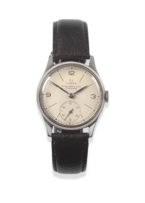 Lot 171 - A Stainless Steel Wristwatch, signed Omega, retailed by Wagland & Son Windsor, circa 1946,...