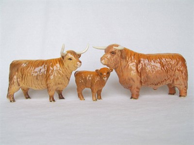 Lot 1072 - Beswick Highland Cattle Bull, Cow and Calf, models 2008, 1740 and 1827D, all tan/brown gloss (3)