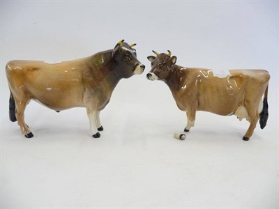 Lot 1074 - Beswick Jersey Bull Ch. 'Dunsley Coy Boy', model No. 1422, and Jersey Cow Ch. 'Newton Tinkle',...