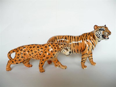 Lot 1077 - Beswick Tiger, model No. 2096, tan with black stripes, 19cm high and Leopard, model No. 1082,...