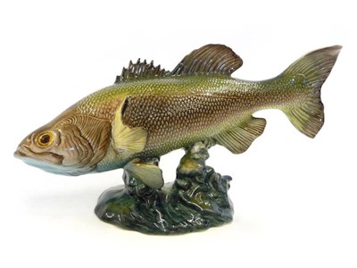 Lot 1088 - Beswick Large-Mouthed Black Bass, model No. 1266, green, cream and dark brown on a blue/green base