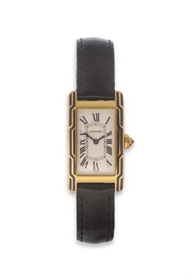 Lot 177 - A Lady's 18ct Gold and Enamel Rectangular Wristwatch, signed Cartier, model: Tank Americaine, circa