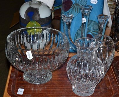 Lot 1 - Waterford glass bowl, two Waterford vases and a Nachtmann candelabra