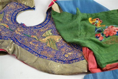 Lot 20 - Chinese silk embroidered sleeve band, a floral embroidered panel and a blue silk collar embroidered