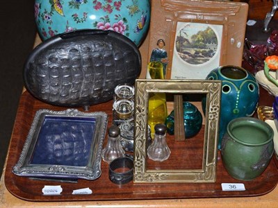 Lot 36 - Silver photograph frame, brass frame and a celluloid frame, art pottery, inkwell, napkin ring etc