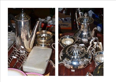 Lot 39 - Four piece electro-plate tea and coffee set, coffee pot and burner, toast rack, a pair of berry...