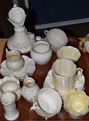 Lot 51 - Belleek porcelain floral encrusted jug, various teawares etc (one tray)