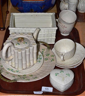 Lot 55 - Belleek porcelain bamboo style teapot (lacking cover), rectangular basket (lacking cover), teawares