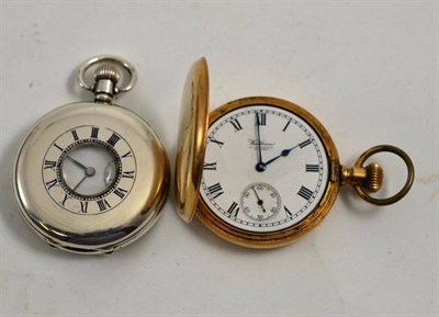 Lot 62 - A silver half hunter pocket watch and a plated pocket watch (2)