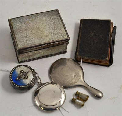 Lot 63 - Mother-of-pearl box, two silver puff boxes, miniature binoculars and a miniature mirror