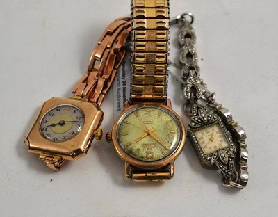 Lot 64 - A lady's 9ct gold wristwatch, lady's costume wristwatch and a gent's Roamer wristwatch (3)