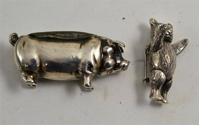 Lot 66 - Silver pig pin cushion and teddy bear brooch stamped '925'