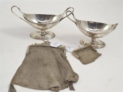 Lot 93 - Pair of Old Sheffield twin handled condiments, mesh purse and a small silver purse (4)