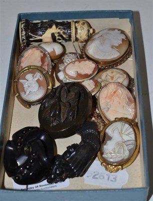 Lot 95 - A quantity of cameo brooches and three Whitby jet brooches