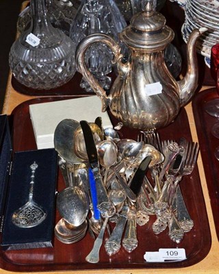 Lot 109 - Two enamel serving spoons stamped '925', small ladle and fork stamped '830' and a quantity of...