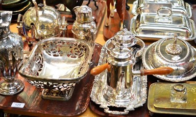 Lot 129 - A silver plated claret jug, a kettle on stand, a pierced basket with swing handle and a...