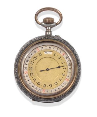 Lot 191 - A Niello Triple Calendar Double Dialled Pocket Watch with Moonphase, circa 1920, lever...