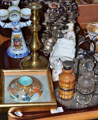 Lot 143 - Tray including plated egg stand, brass candlestick, Delft style figure, framed Chinese cover...