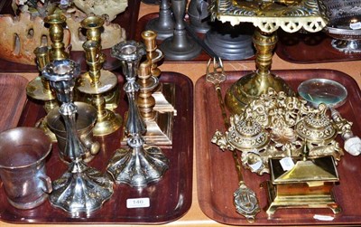 Lot 146 - Four pairs of 19th century brass candlesticks, two mortars, tobacco box, ink stand, magnifying...