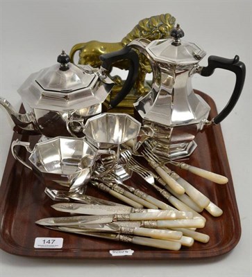 Lot 147 - A silver plated four piece tea service, a set of six fruit knives and forks, six forks and a...