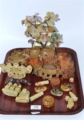 Lot 148 - 19th century hardstone tree and various other Chinese carved soapstone figures, etc