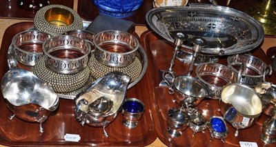 Lot 151 - Silver cigarette box, plus various plated wares, coasters, condiments etc (two trays)