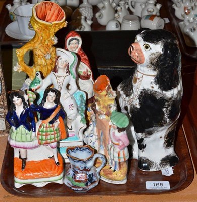 Lot 165 - Four Staffordshire figures, Staffordshire pottery dog and miniature Mason's jug