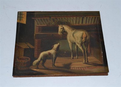 Lot 181 - English School 19th century, horse and dog in stable, oil on metal panel