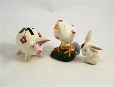 Lot 185 - Plichta pottery standing hen with floral decoration, pig money box and seated rabbit (3)