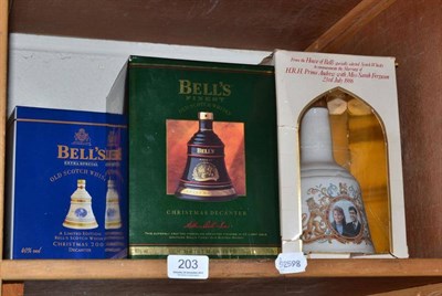 Lot 203 - Three Bells decanters, Prince Andrew and Sarah Ferguson, Christmas 2001 and 1992, with contents