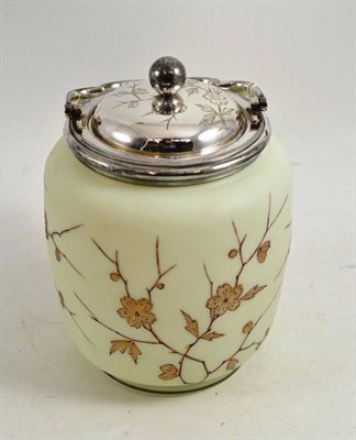 Lot 215 - Satin glass biscuit barrel decorative with prunus blossom and silver plated mounts