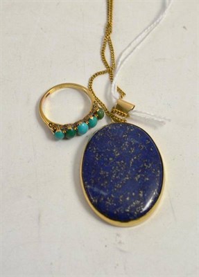 Lot 229 - A 9ct gold lapis lazuli pendant, on chain and a turquoise five stone ring, circa 1910