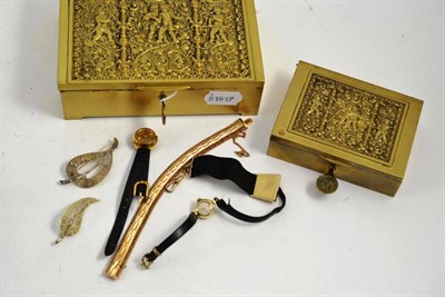 Lot 251 - Two watches, two leaf brooches, bracelet and two gilt metal boxes