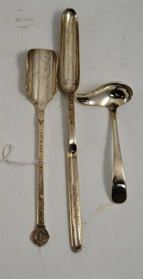 Lot 252 - Silver marrow scoop, modern silver stilton spoon with Celtic style handle and a small silver...