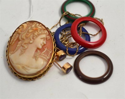 Lot 259 - A cameo brooch, a pair of amethyst earrings and a chain etc