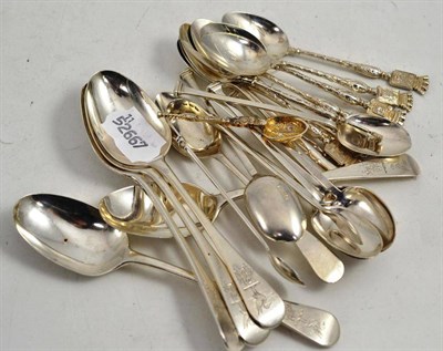 Lot 269 - A set of six silver seal end teaspoons and a pair of sugar tongs, Sheffield 1915; a set of five...