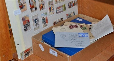 Lot 294 - Four sheets of cigarette cards and a box of assorted coins and envelopes