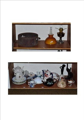 Lot 313 - Victorian twin-handled measure, lamp, plated teapot, decorative ceramics, etc (on two shelves)